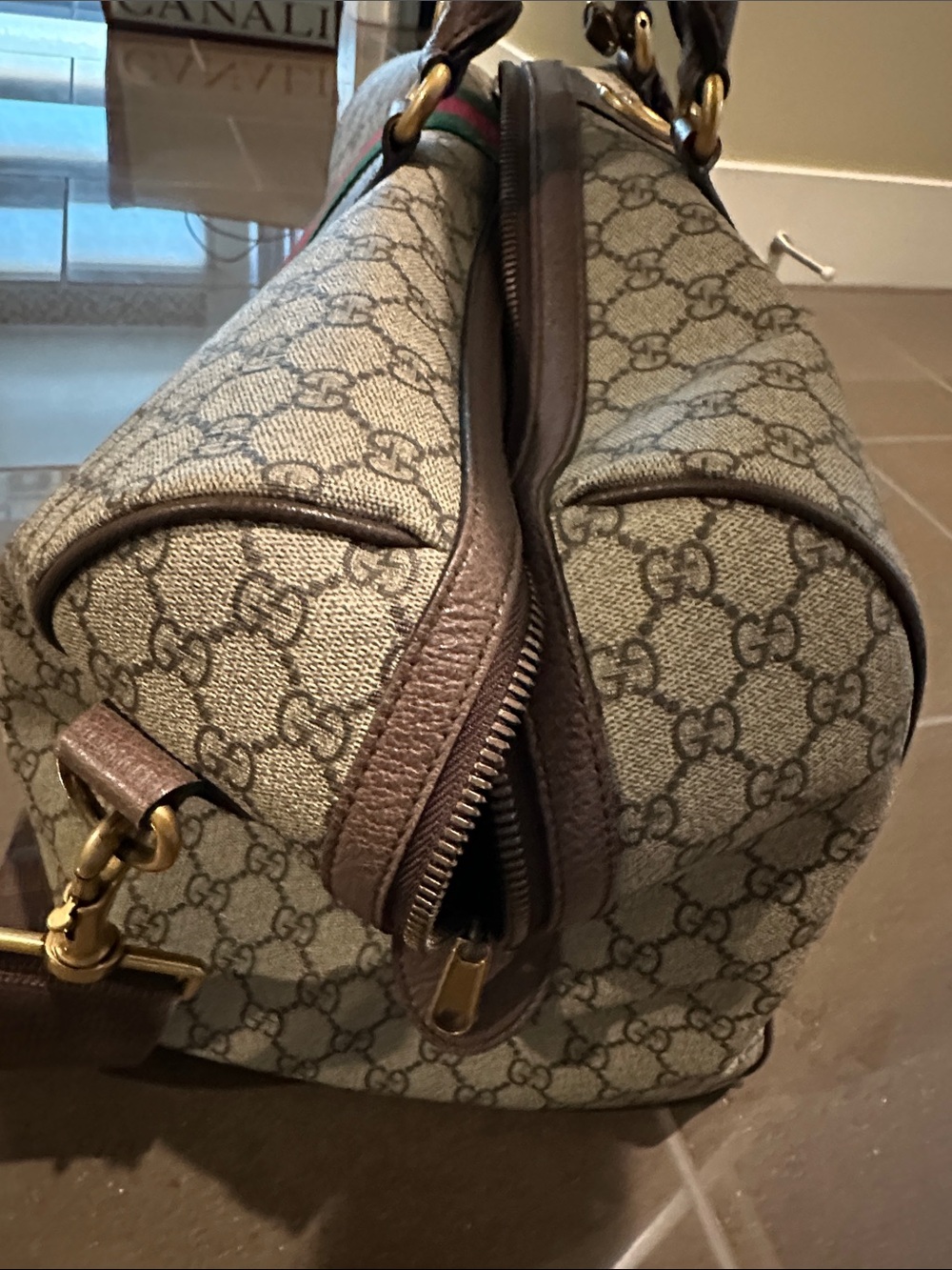 Gucci Brown GG Supreme Duffel with Green and Red Web Stripe - Picture 3 of 6